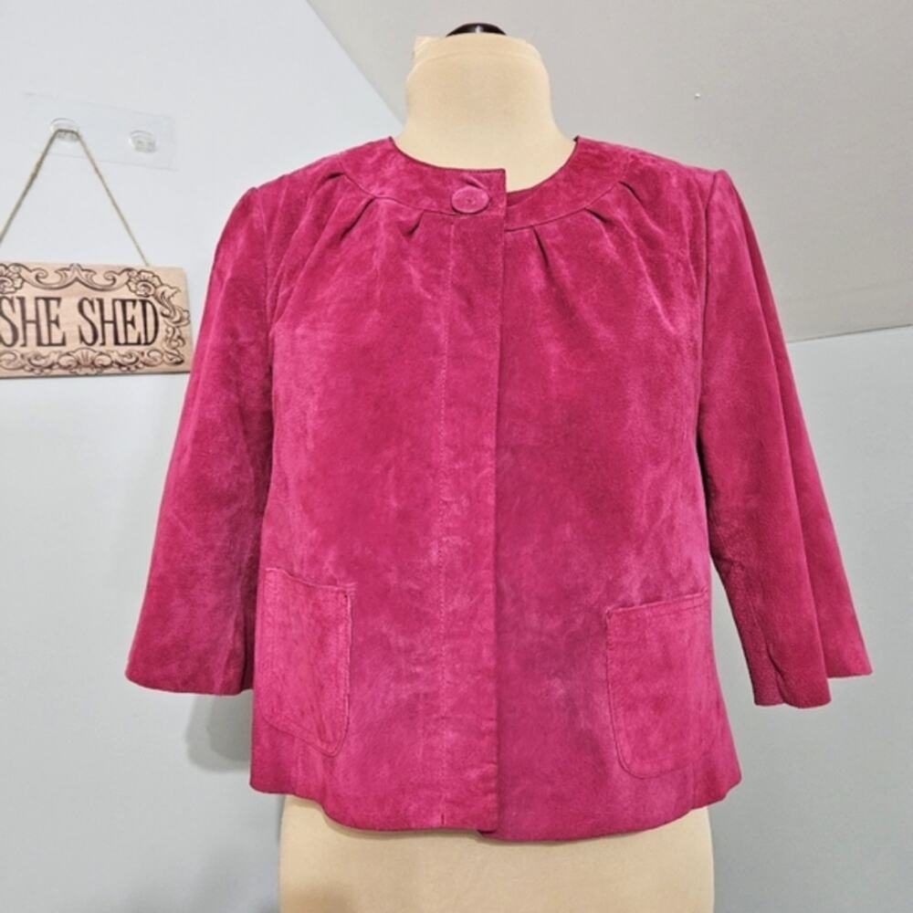 Yvonne‎ & Marie Fuchsia Pink Suede Leather Cropped Half Sleeve Barbie Jacket 10